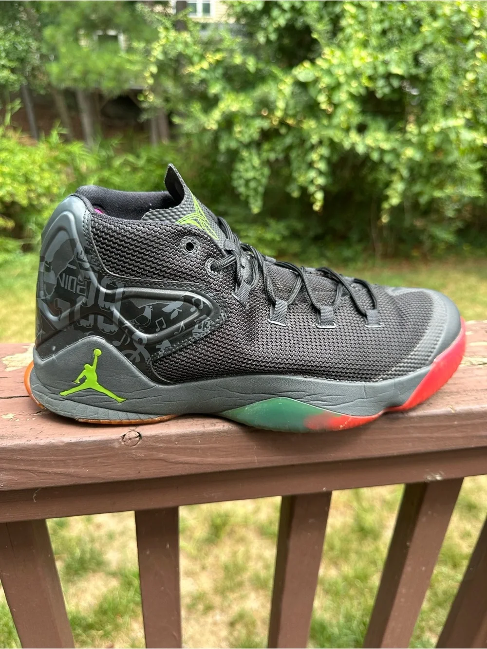 Jordan Melo 12 Dungeon Sneakers with Red Accent and Neon Green Jumpman Size 11